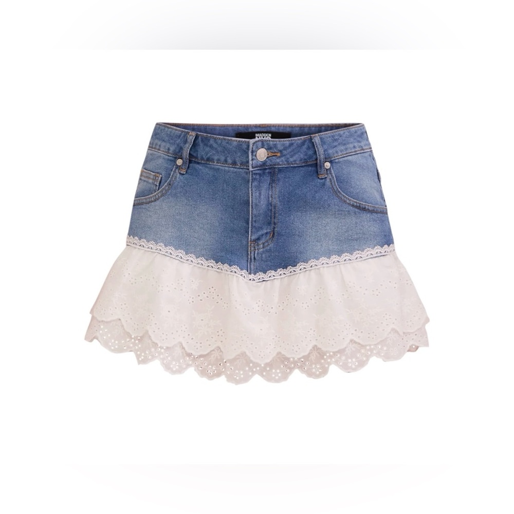 Madden NYC Blue Denim Mini Skirt With White Cotton Eyelet Lace Trim - Size S - Picture 3 of 12